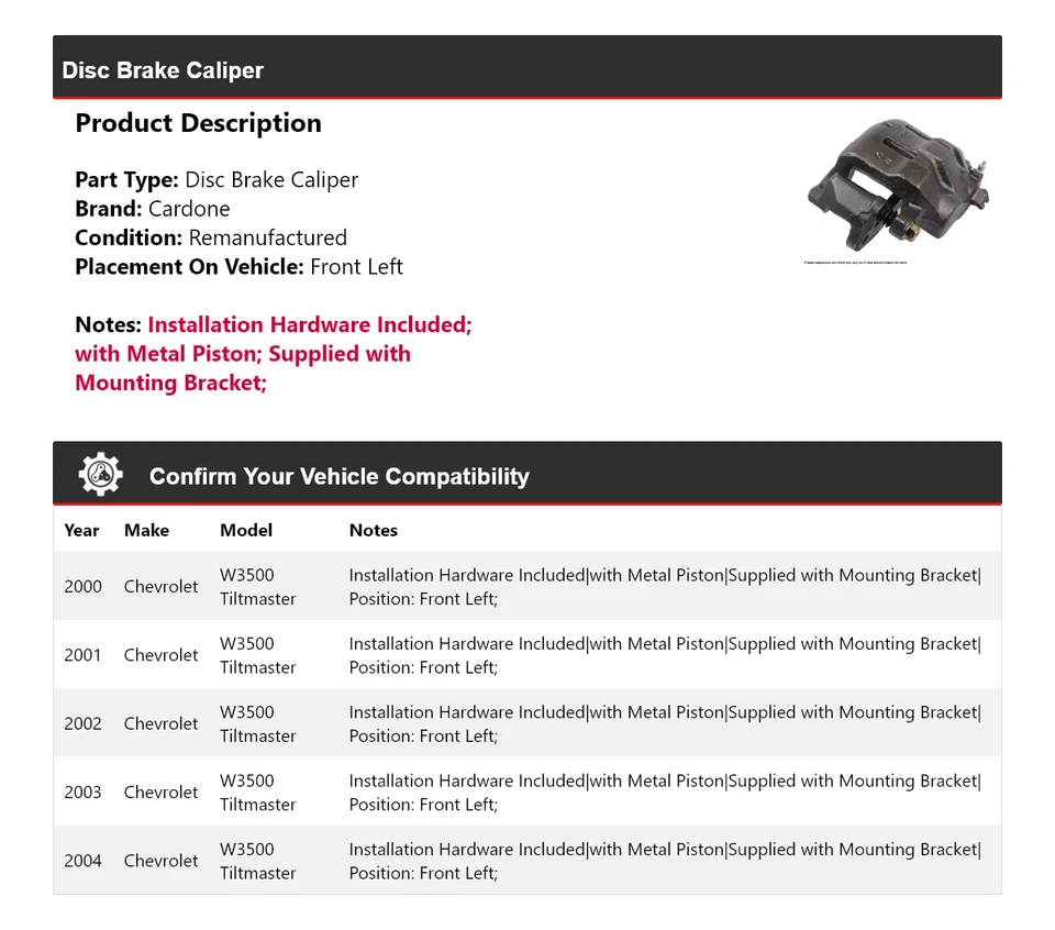 Pinça de freio a disco dianteira esquerda Cardone para 2000-2004 Chevrolet W3500 Tiltmaster - Imagem 2 de 4