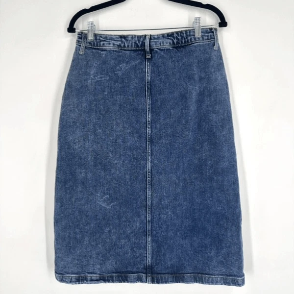 Antigua Falda Midi Denim Azul Marino Botón Frontal Talla 4 Tiro Alto Secreto Bolsillo Adelgazante Foto 2 de 4
