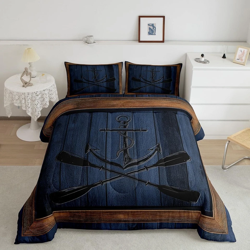 Lake Life Comforter Set Twin Size,Nautical Anchor Paddle Print Bedding Set fo... - Image 2 of 4