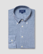 Men ETON Light Blue 100 Linen Shirt Oxford Shirt Slim Fit Size 43 17