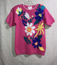 Vintage Jaclyn Smith Knit Sweater Pink Bright Flowers Embroidery Short Sleeve M