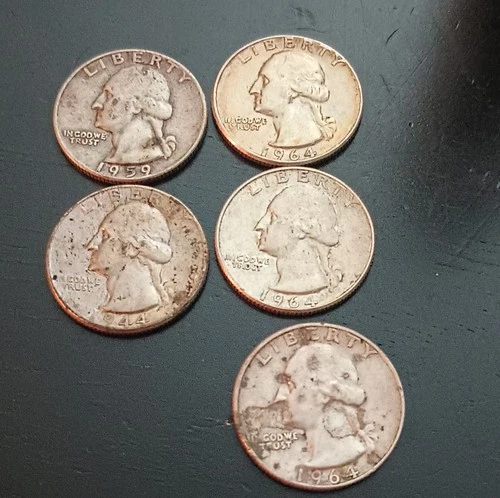 Lot of 5 Washington Quarter 25C 90% Silver Circulated Uncertified 1944 1959 1964