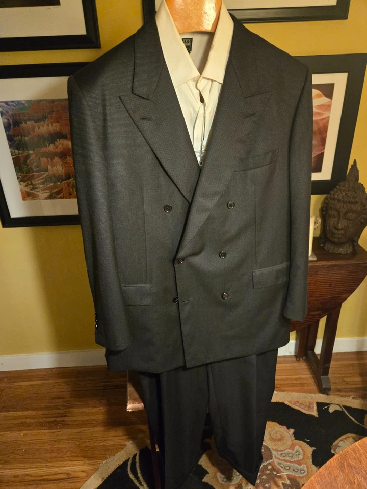Brioni Black Double Breasted Suit, Micro Dot Pattern, "Tiberio" Line, Men's 44R - Image 2 of 4