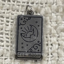 Silver Toned The Moon Tarot Card Rectangular Charm Pendant 