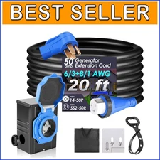 Weatherproof 50 Amp Generator Cord with Clamshell Inlet Box - 20 FT Extension