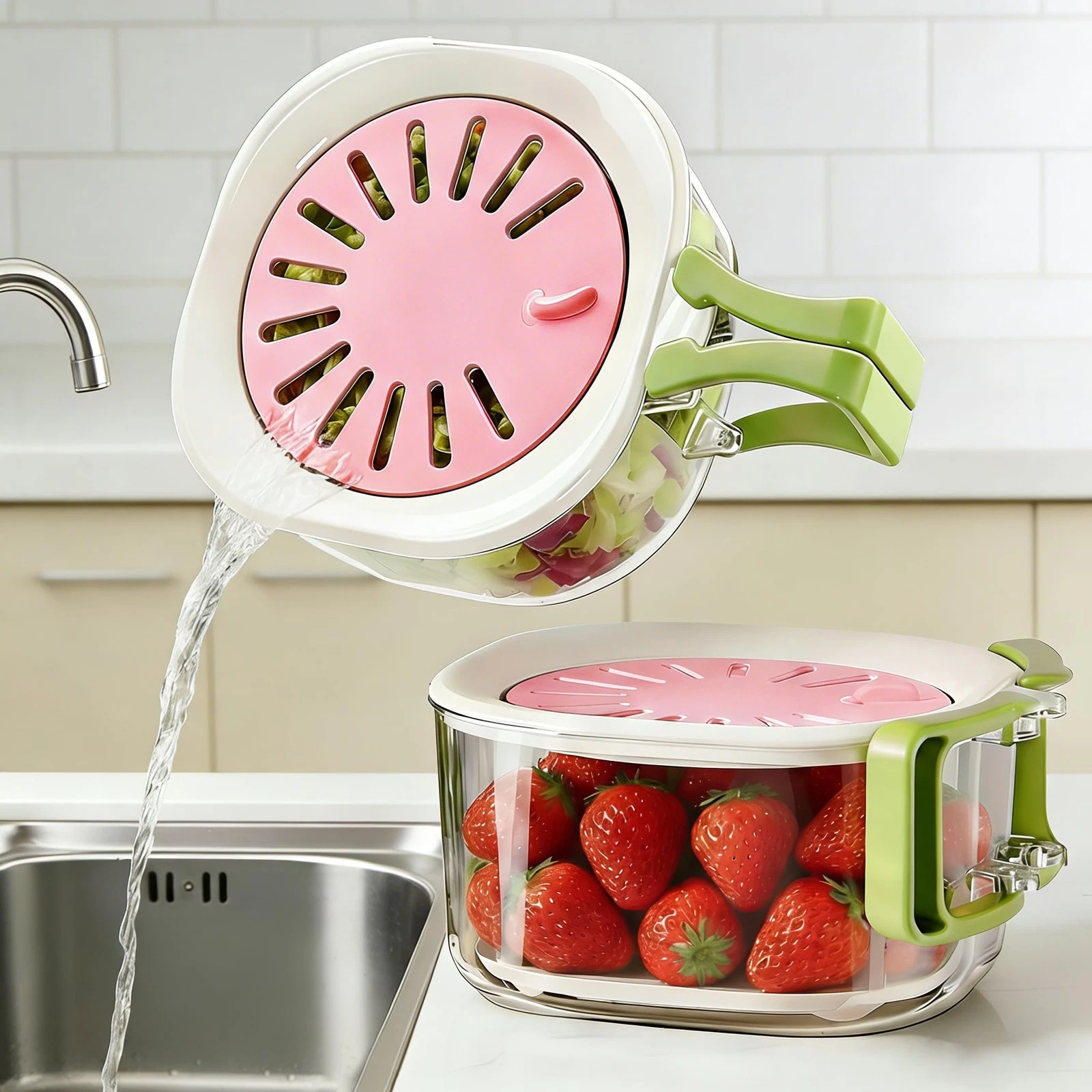 2-Pack Plastic Colander Strainer with Adjustable Vent Lid, Fridge Storage Con...