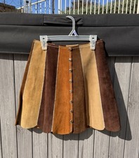 Vintage XS 60s 70s Suede Patchwork Skirt Snap Button Front Boho Brown Tan Beige
