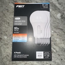 Feit A19 E26 Medium LED Bulb Adjustable White 60 Watt Equivalence 4 pk