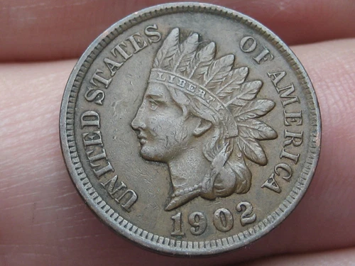 1902 Indian Head Cent Penny- Brown, XF/AU Details, 3 Diamonds