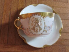 Tressemann & Vogt T&V Limoges Cup & Saucer Gold Hand Decorated Initial A