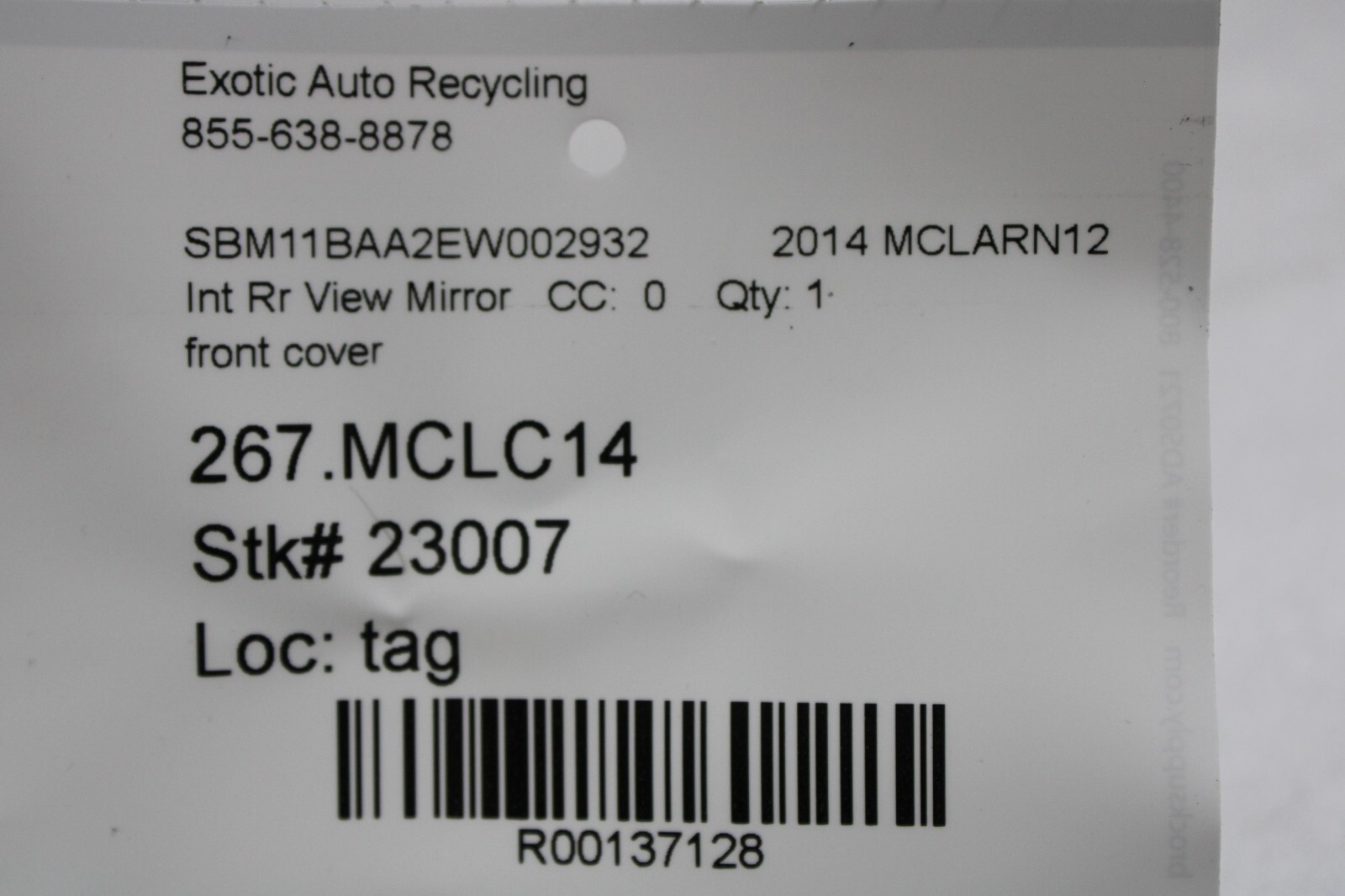 Mclaren MP4-12C, Interior Rear View Mirror Front Cover, Used