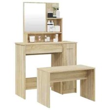 Ensemble Coiffeuse Bois Chêne - Table de Maquillage - Tabouret - Rangements