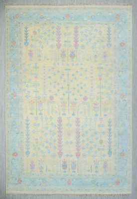 9x12 Modern Oushak Rug Cream Blue Cypress Tree Design Soft Wool Hand Knotted Rug