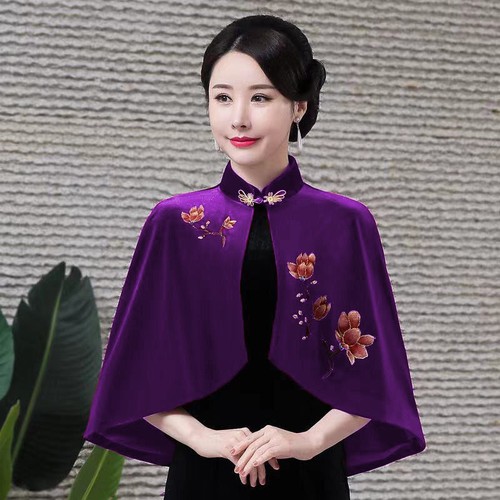 Elegant Women Velvet Shawl Cloak Embroidered Capelet Shrug Bolero Cardigan Party - Picture 14 of 14