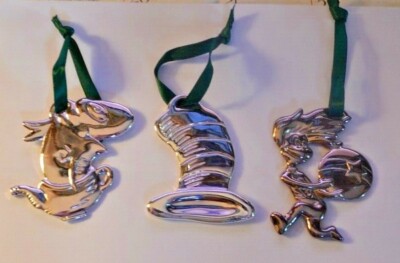3 Dr. Seuss Silver Ornaments Fish in Dish, Thing 1, Magic Hat Silver-Plated