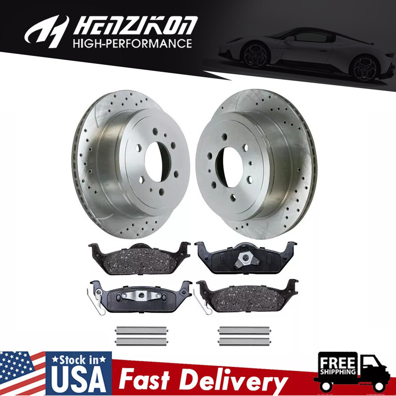 Rear Drilled Rotors Ceramic Brake Pads for 2004-2008 Ford F-150 Lincoln Mark LT
