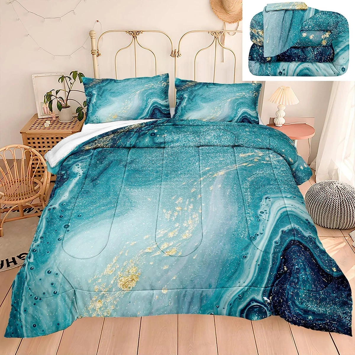 Teal Marble Comforter Set King,Blue Gold Marble Bedding, Abstract