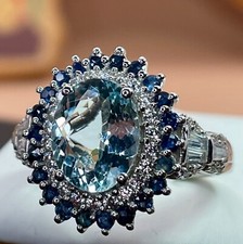 NEW 3.8ctw AAA Aquamarine Blue Sapphire White Zircon Sterling Silver Ring Size 7