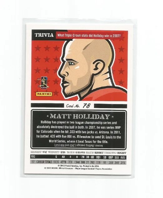 MATT HOLLIDAY (St. Louis Cardinals) 2012 PANINI TRIPLE PLAY CARD #78 - Image 2 of 2