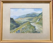 Watercolour/Mischtechnik Undeutl. Sign Hilly Landscape With Field Path & Flowers