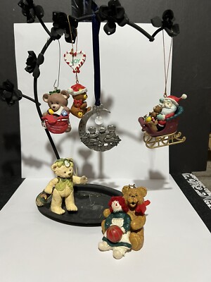 Lot of 6 Bear Ornaments Pear Doll Bag Joy Moon Santa No Box Hallmark Adler