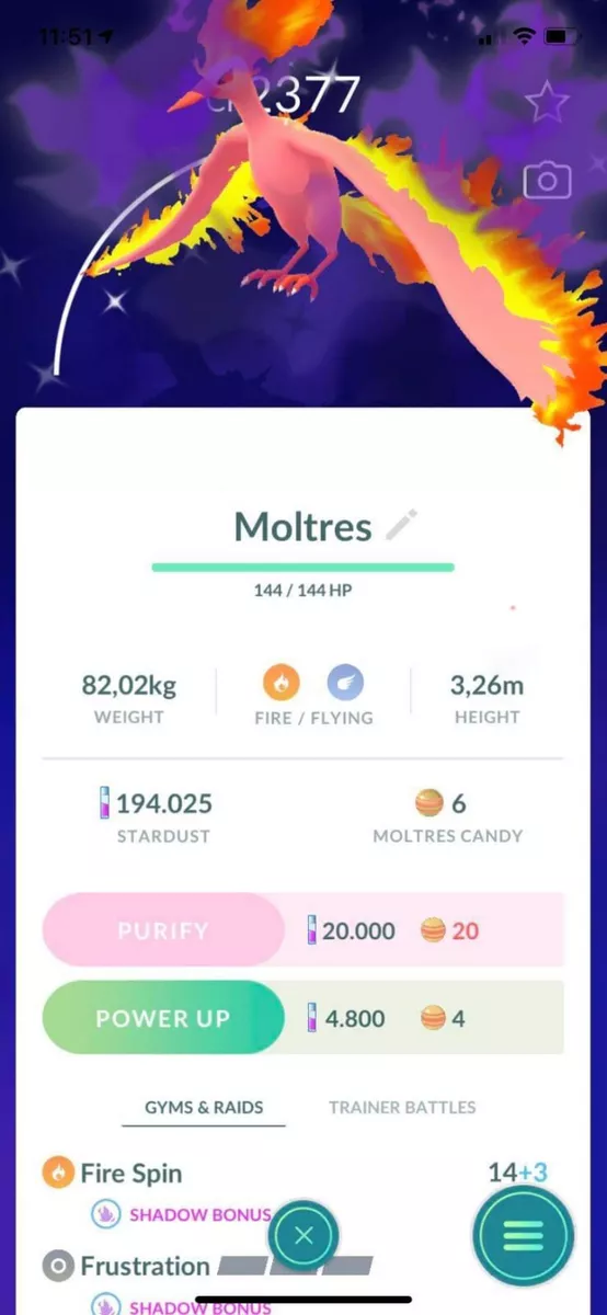 Shiny Shadow Moltres 100k Stardust 20 candies - P T C - Read Description