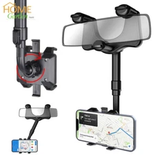 Car Rear View Mirror Phone Holder Rotatable & Retractable Universal Mount Stand