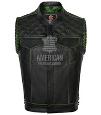 Men  s Black Green Leather Motorcycle Vest Diamond, Side Lace, Concealed Carry