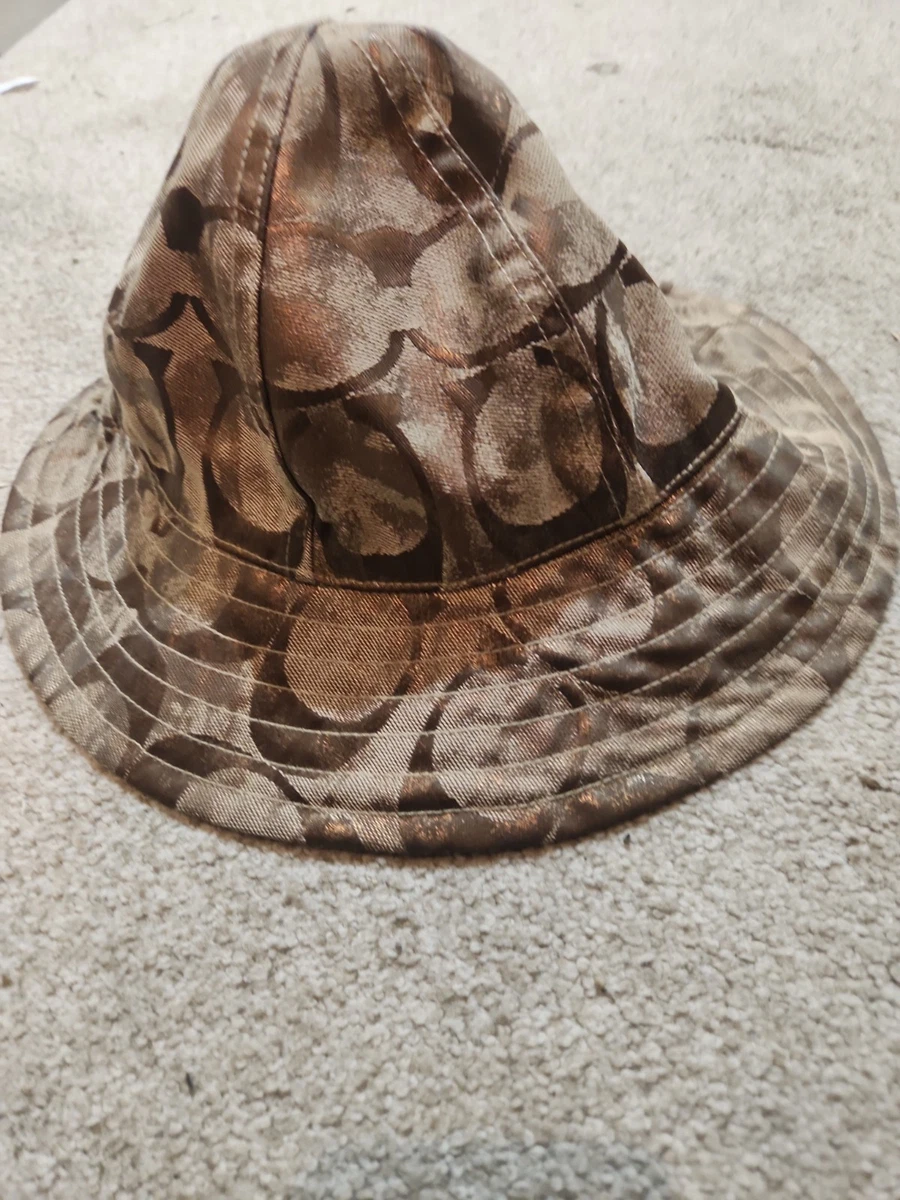 Coach Signature Monogram Bucket Hat Tan Leather Trim Buckle Size P/S Brown Vintage Y2K Coach Signature Monogram Bucket Hat Beige Tan P  main image 3