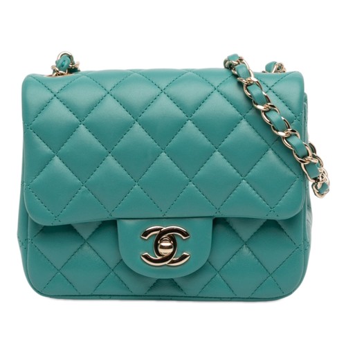 Chanel Mini Square Classic Lambskin Single Flap Pre-Loved Crossbody Bag Green