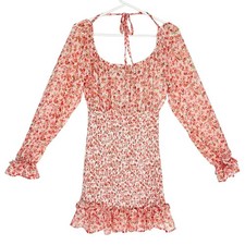 Vine and Valley Pink Floral Smocked Mini Dress Long Sleeve Chiffon Ruffle Large