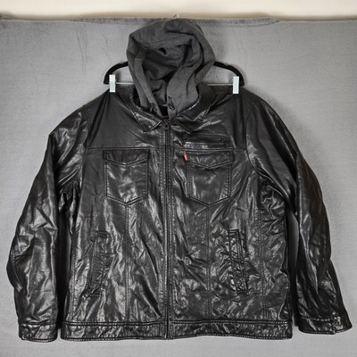 Levi s Trucker Jacket Mens 2XL Black Sherpa Lined Faux Leather Hooded *READ