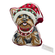 Christmas Yorkie Pillow Isaac Mizrahi puppy dog NWT embroidered Santa