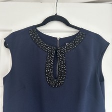 Vince Camuto Women's 8 Navy Blue Midi Dress Sleeveless Beaded Front Long Zipper