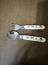 Vintage 80s Childrens Toddler Flatware Spoon Fork Sun Wagon Pail Flower Worn