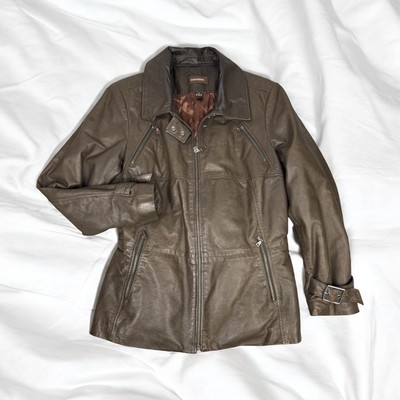 Gray Brown Genuine Leather Jacket Buckle Belted Y2K Grunge Chic Designer Danier