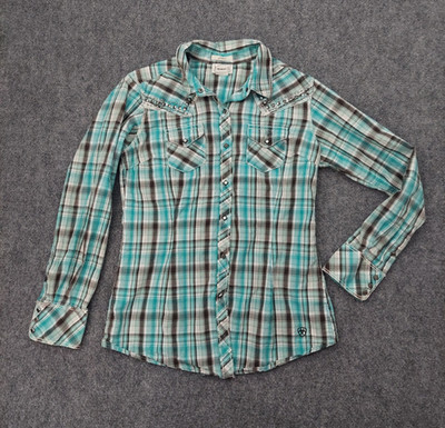 ARIAT Fitted Western Shirt women Medium Aqua Bue Plaud Pearl Snap Studs Rodeo