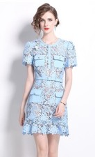 Summer Women French Style temperament Round Neck Lace Short Sleeved Dress 