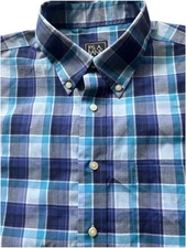 JoS. A Bank Shirt Traveler's Button Down Long Sleeve Blue Plaid L Tailored Fit