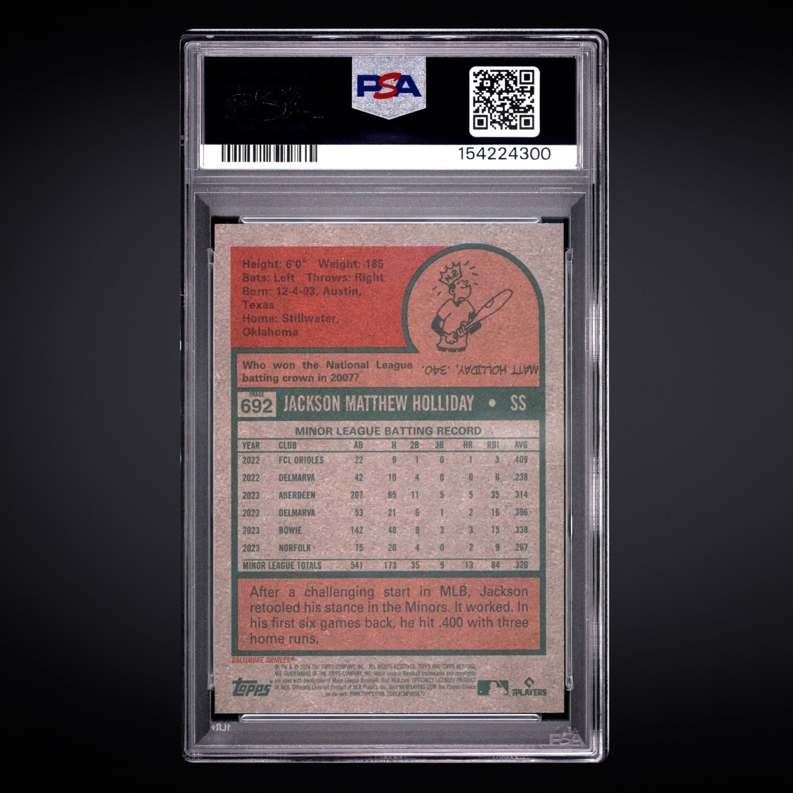 2024 TOPPS HERITAGE IMAGE VARIATION #692 JACKSON HOLLIDAY ROOKIE RC PSA 10 view 2