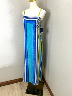 Donna Morgan Lime Blue Striped Maxi Dress Women s 6 Square Neck NWT D9686M