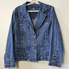 Bill Blass Vintage Denim Blazer Women's Size Large Jean Jacket Double Breasted