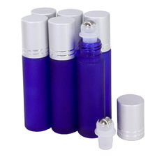 6pcs 10ML Frosted Blue Glass Roller Bottles with Steel Ball and Silver Cap