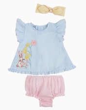 Baby Girls Floral Bunny Seersucker Top Diaper Cover Headband 3 Pc Set Size 0-3M