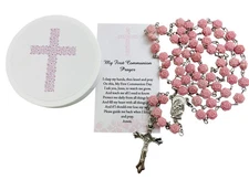 First Communion Rosary Set for Girls with Pink Rose Shaped Bead Case and Holy...