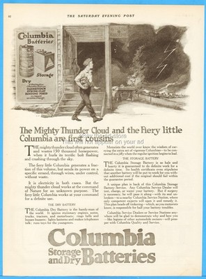 1919 National Carbon Columbia Battery Thunderstorm Thunder Lightning Bolt Art