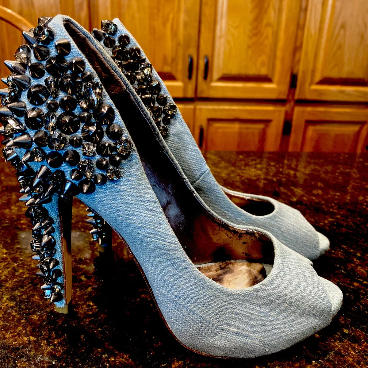 Sam Edelman LORISSA Studded Rhinestone Denim Leather Heels Pumps Size 6.5 M
