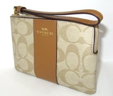 Coach New 58035 Corner Zip Wristlet Signature Light Khaki Saddle Leather NWT $88