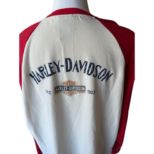 Harley Davidson Women’s Baseball Shirt Top Red Off White Plus Size 2W Rhinestone - Picture 4 of 12