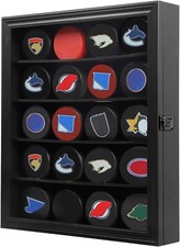 Hockey Puck Display Case 20 Black Wood Holder Cabinet Wall Glass Rack Shadow Box